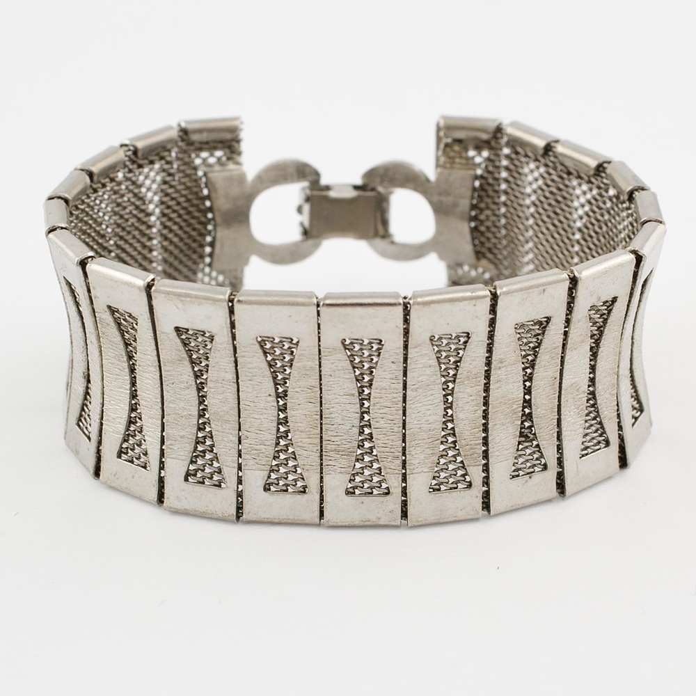 Vintage Mid-Century Silver Tone Panel Bracelet Wide Mesh Link